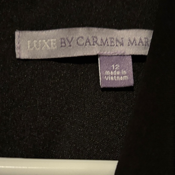 Marc by Carmen Marc Valvo Draped Ruffled Black Midi Dress - Picture 2 of 5